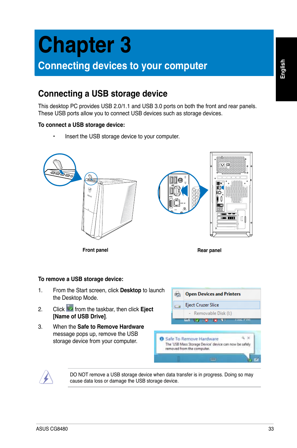 Chapter 3, Connecting devices to your computer, Connecting a usb storage device | Asus CG8480 User Manual | Page 33 / 110