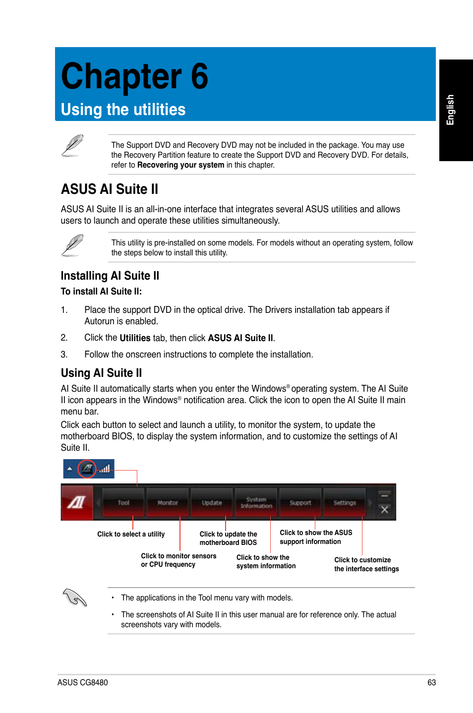 Chapter 6, Using the utilities, Asus ai suite ii | Installing ai suite ii, Using ai suite ii | Asus CG8480 User Manual | Page 63 / 110