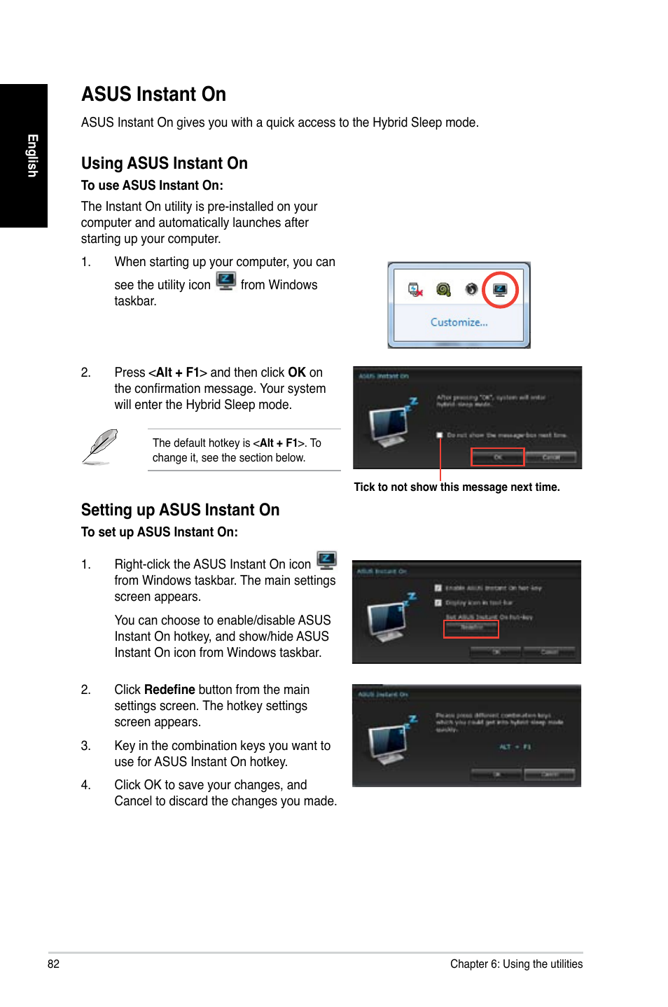 Asus instant on, Using asus instant on, Setting up asus instant on | Asus CG8480 User Manual | Page 82 / 110