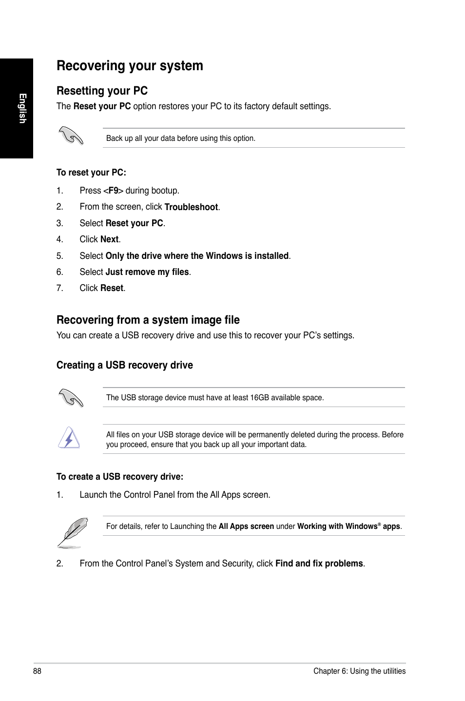 Recovering your system, Resetting your pc, Recovering from a system image file | Asus CG8480 User Manual | Page 88 / 110