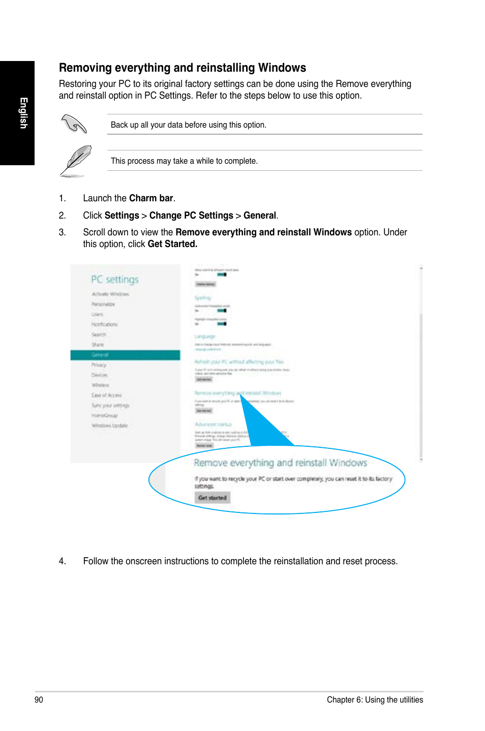 Removing everything and reinstalling windows | Asus CG8480 User Manual | Page 90 / 110