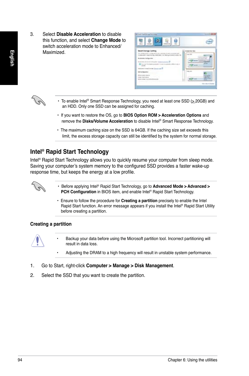 Intel, Rapid start technology | Asus CG8480 User Manual | Page 94 / 110