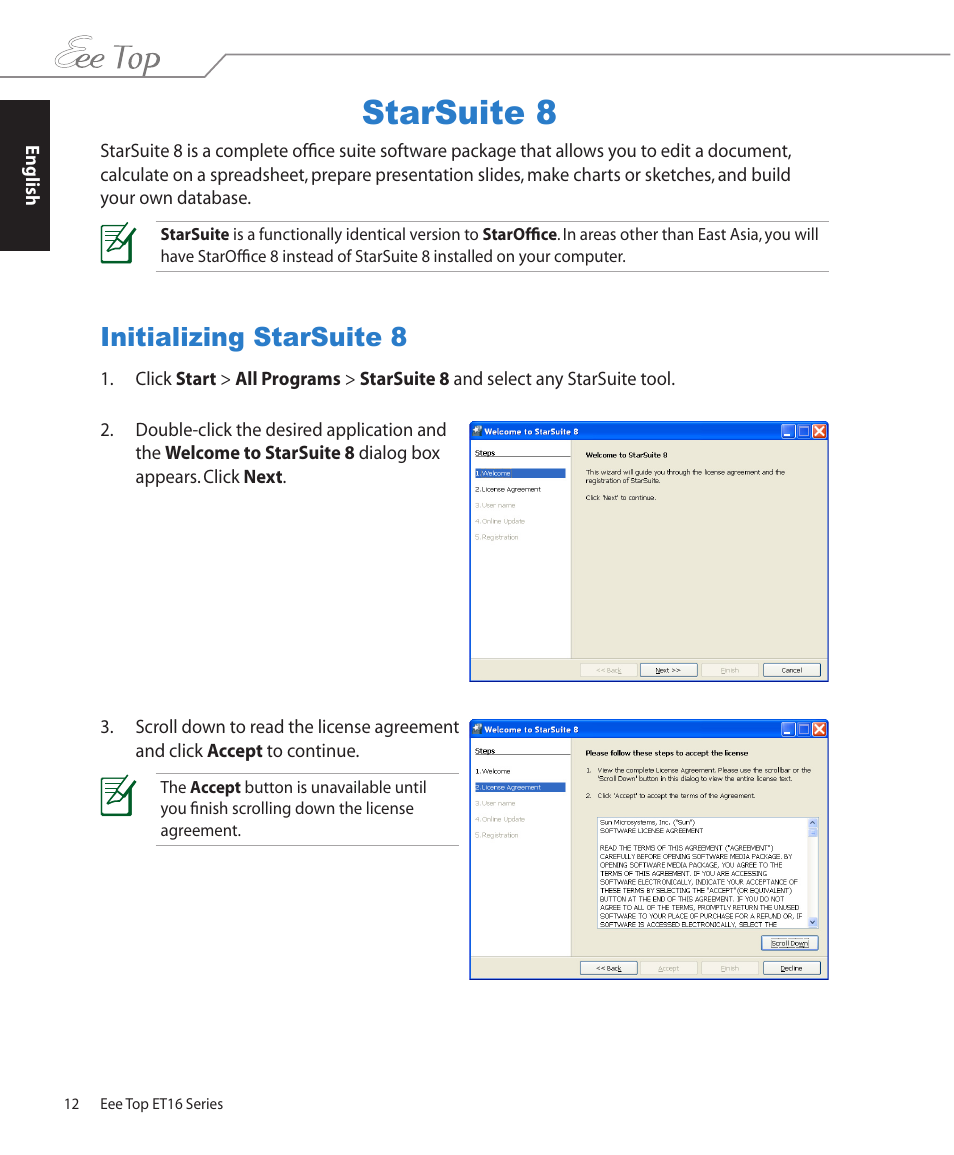 Starsuite 8, Initializing starsuite 8 | Asus ET1602 User Manual | Page 12 / 48