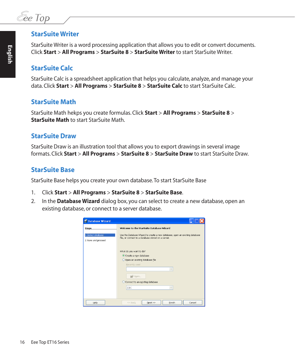 Starsuite writer, Starsuite calc, Starsuite math | Starsuite draw, Starsuite base | Asus ET1602 User Manual | Page 16 / 48