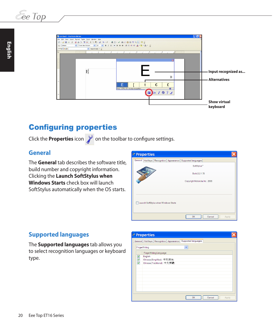 Configuring properties, General, Supported languages | General supported languages | Asus ET1602 User Manual | Page 20 / 48