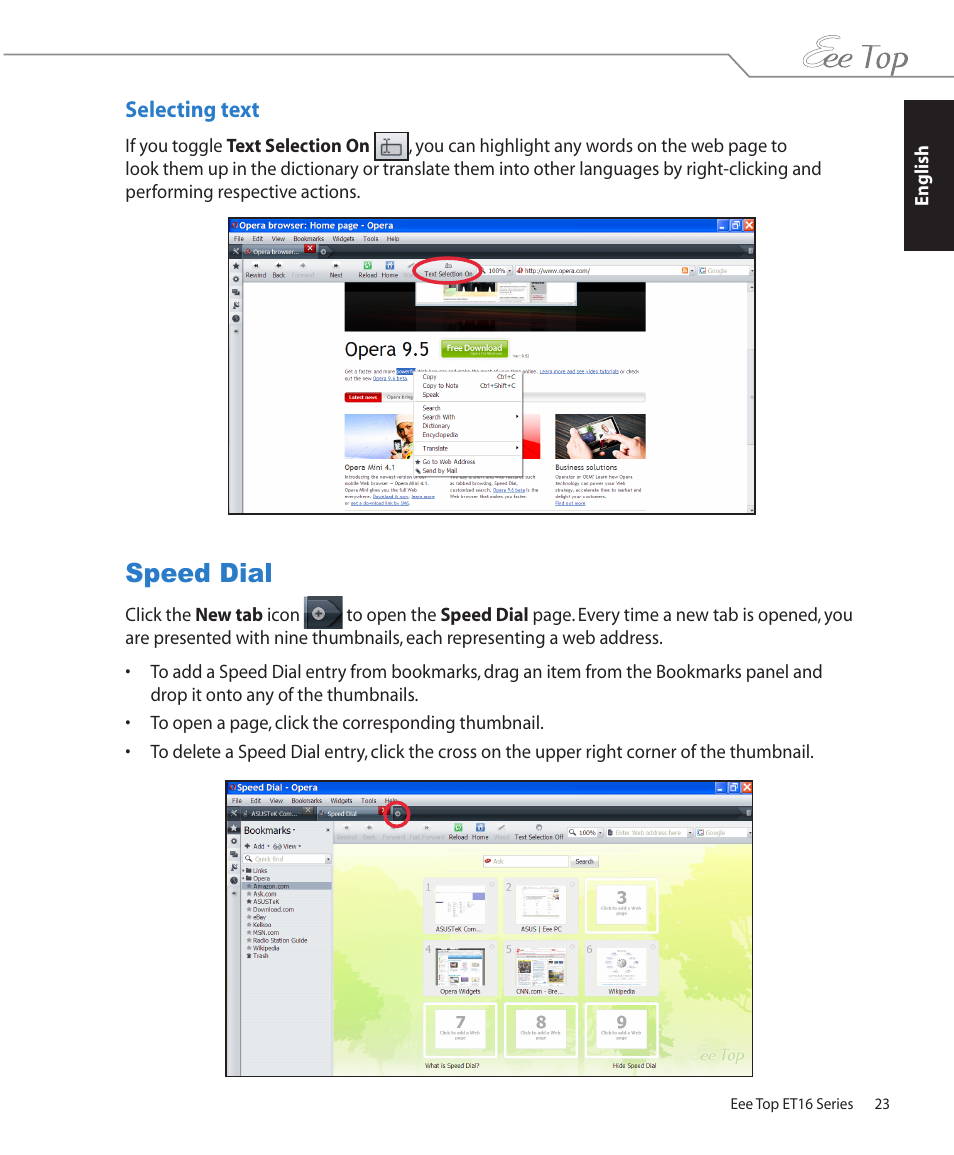 Selecting text, Speed dial | Asus ET1602 User Manual | Page 23 / 48