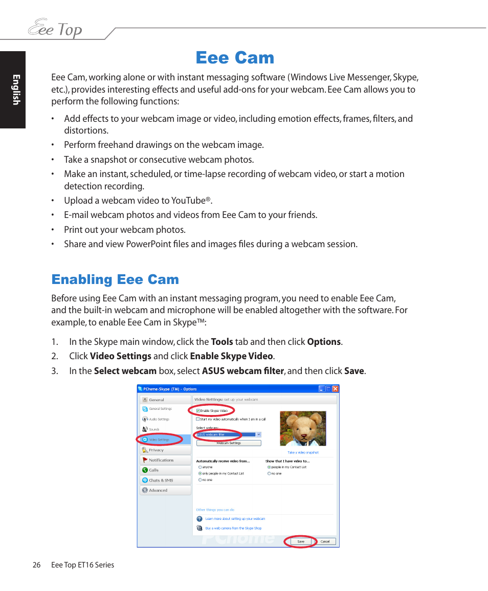 Eee cam, Enabling eee cam | Asus ET1602 User Manual | Page 26 / 48