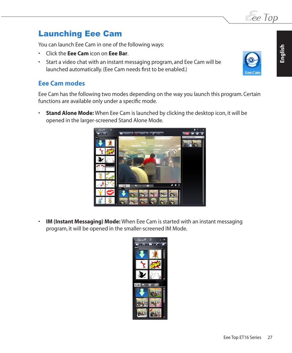 Launching eee cam, Eee cam modes | Asus ET1602 User Manual | Page 27 / 48