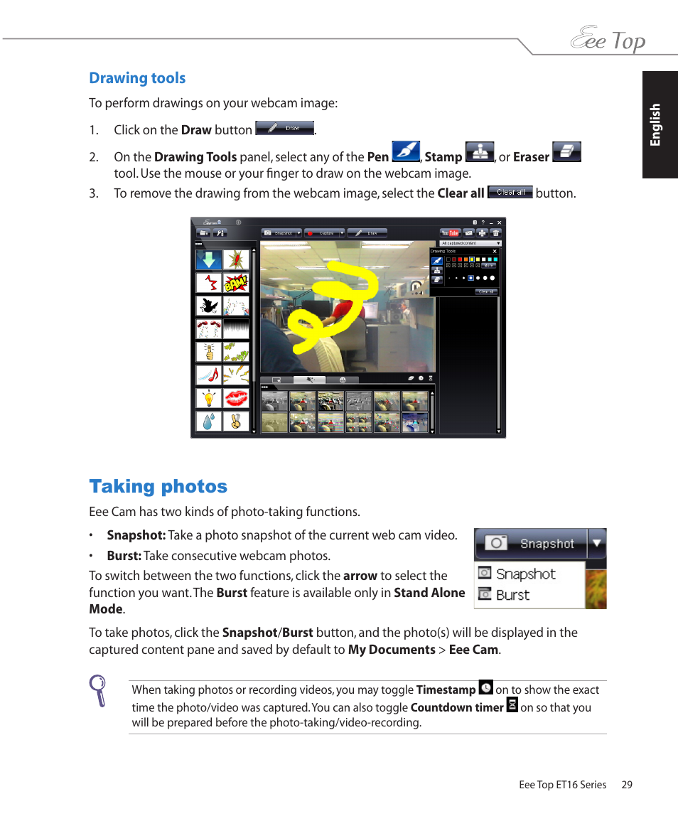 Drawing tools, Taking photos | Asus ET1602 User Manual | Page 29 / 48