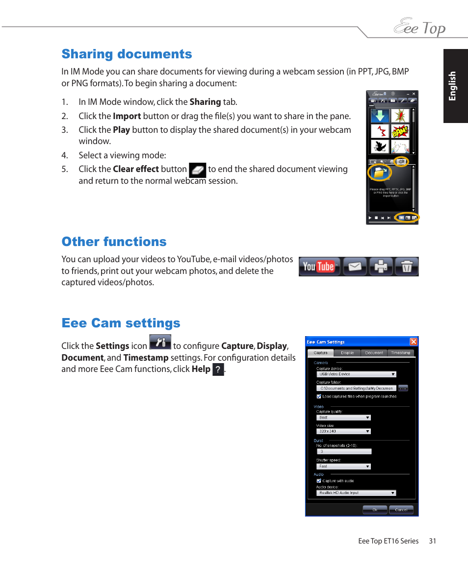 Sharing documents, Other functions, Eee cam settings | Sharing documents other functions eee cam settings | Asus ET1602 User Manual | Page 31 / 48