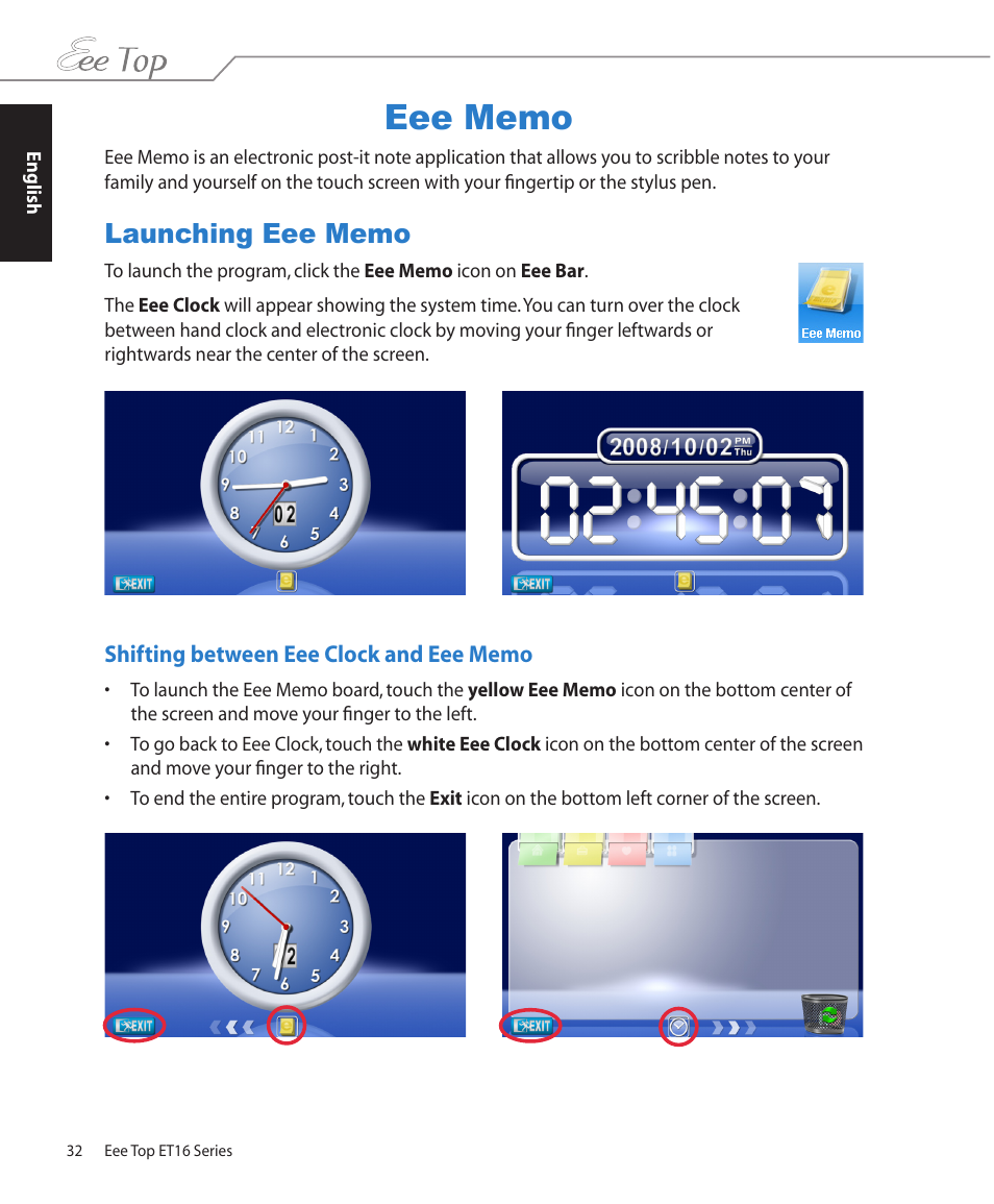 Eee memo, Launching eee memo, Shifting between eee clock and eee memo | Asus ET1602 User Manual | Page 32 / 48