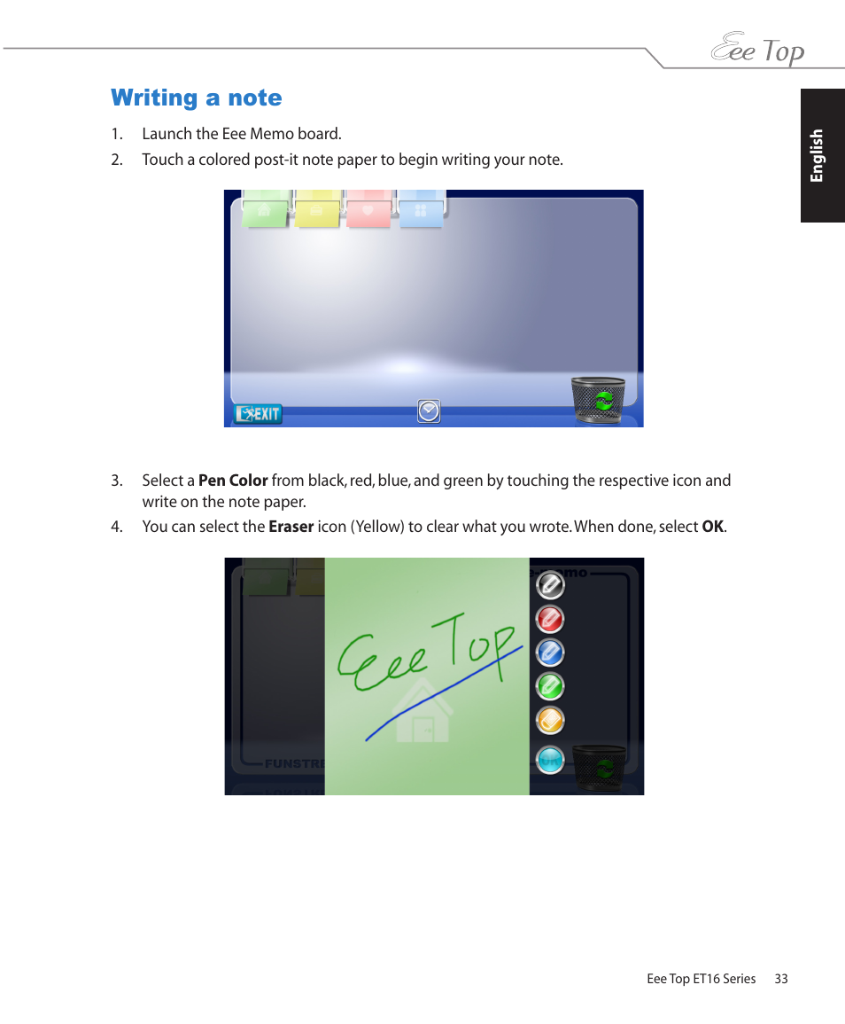 Writing a note | Asus ET1602 User Manual | Page 33 / 48