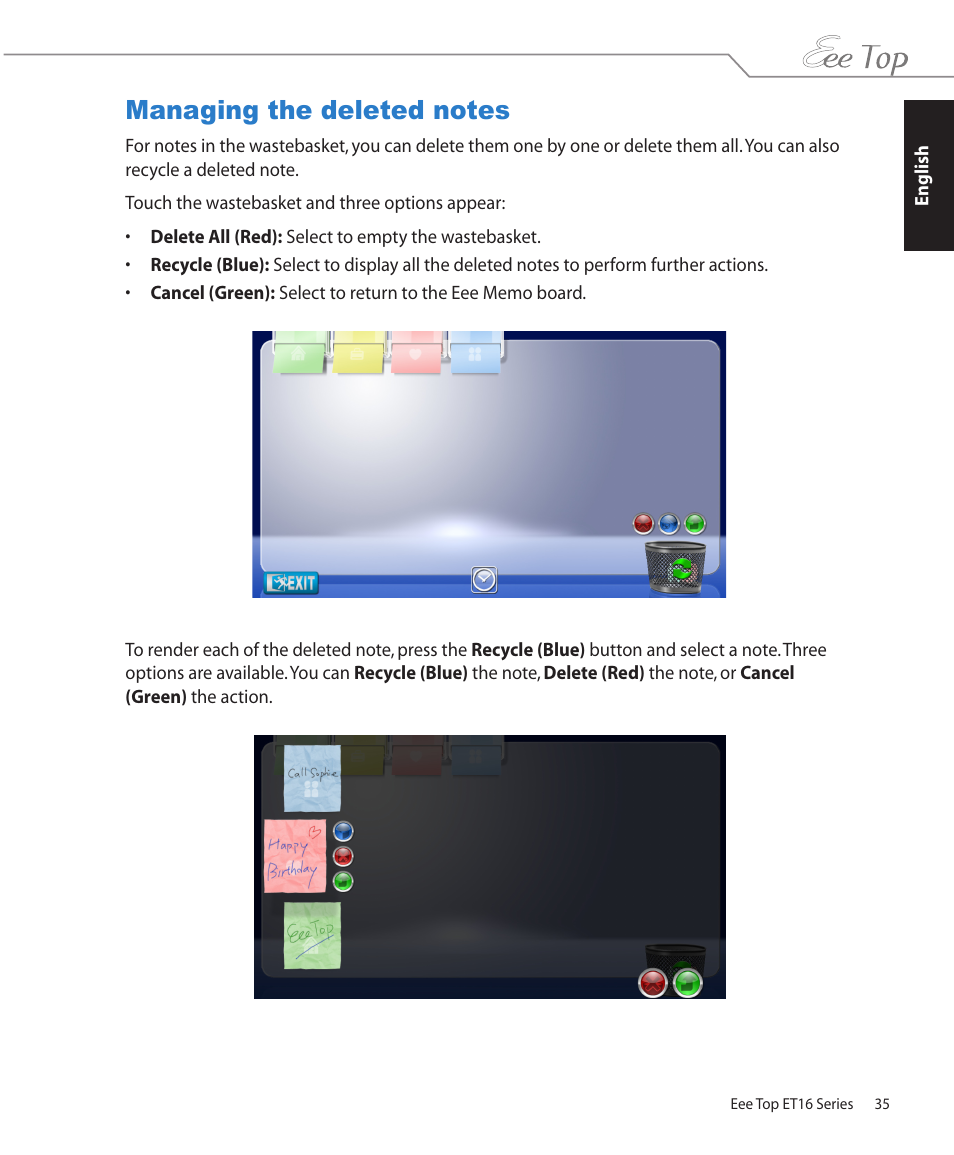 Managing the deleted notes | Asus ET1602 User Manual | Page 35 / 48