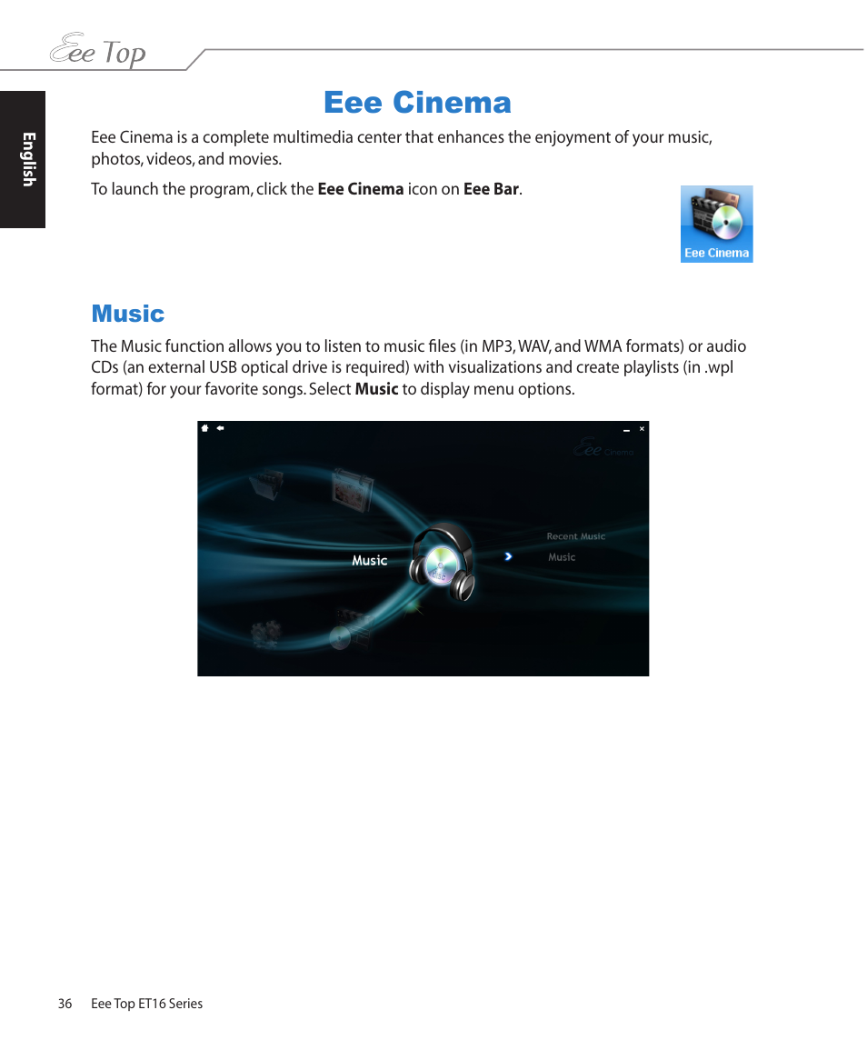 Eee cinema, Music | Asus ET1602 User Manual | Page 36 / 48