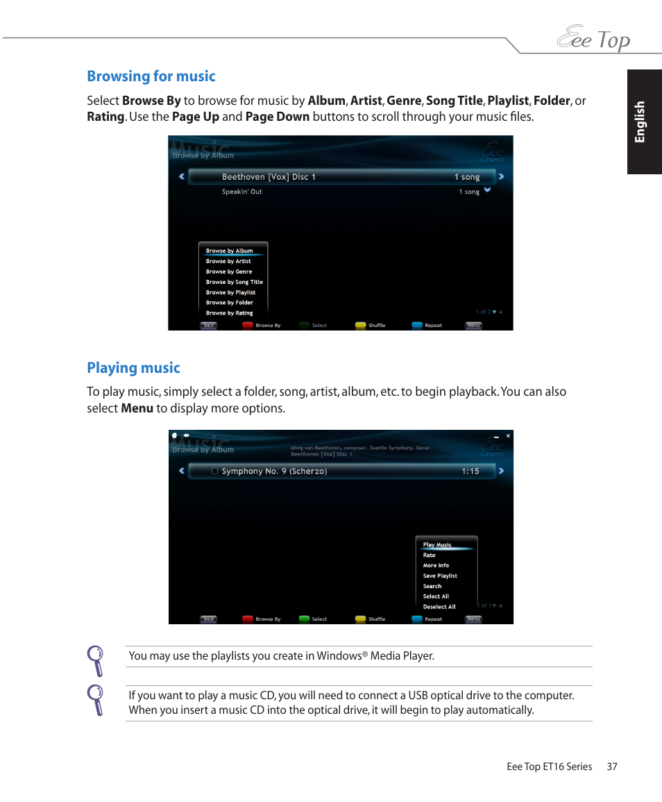 Browsing for music, Playing music, Browsing for music playing music | Asus ET1602 User Manual | Page 37 / 48