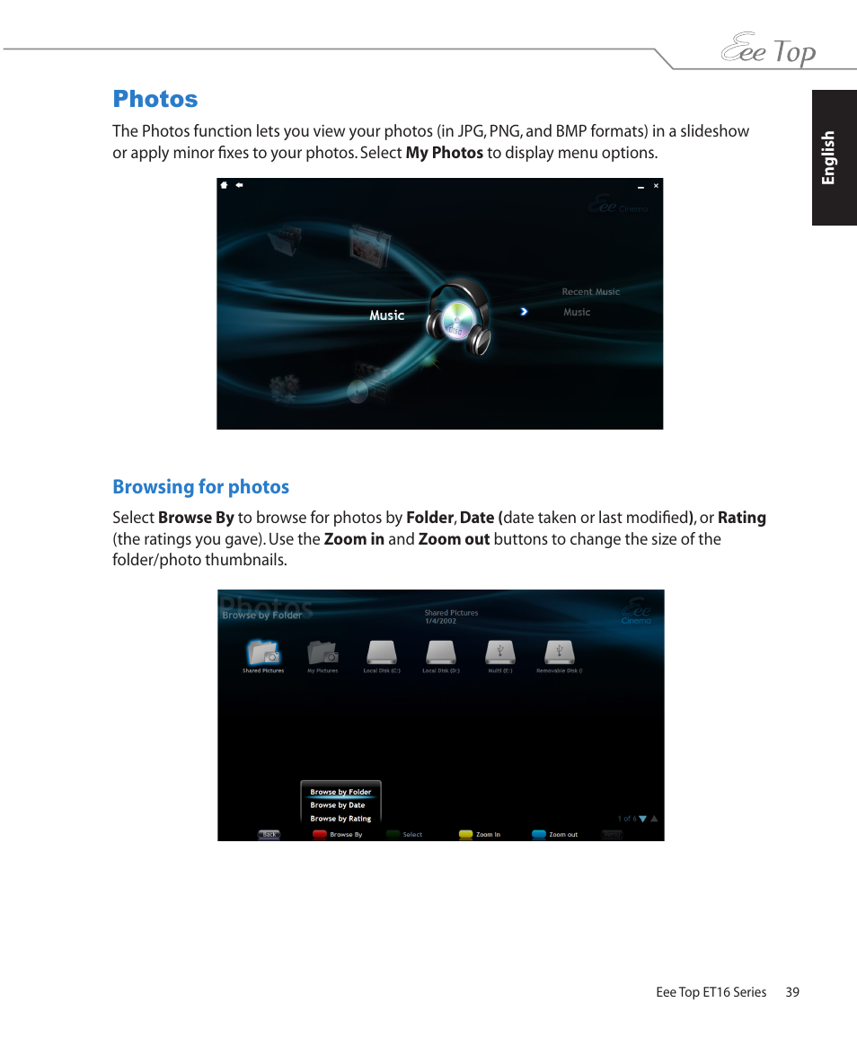 Photos, Browsing for photos | Asus ET1602 User Manual | Page 39 / 48