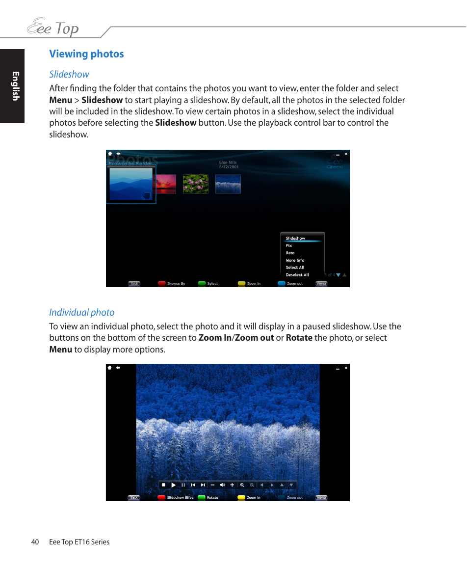 Viewing photos | Asus ET1602 User Manual | Page 40 / 48