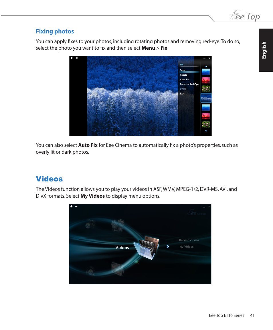 Fixing photos, Videos | Asus ET1602 User Manual | Page 41 / 48