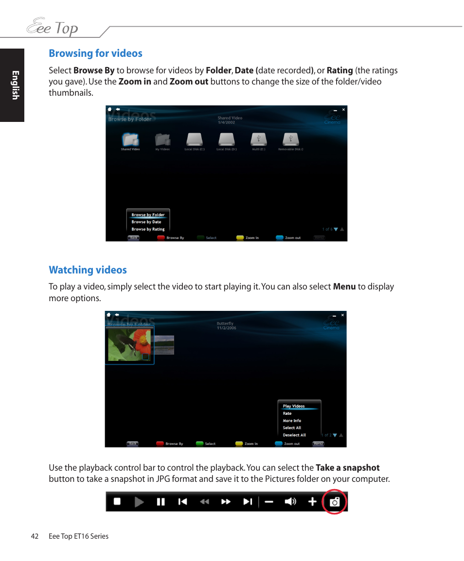 Browsing for videos, Watching videos, Browsing for videos watching videos | Asus ET1602 User Manual | Page 42 / 48