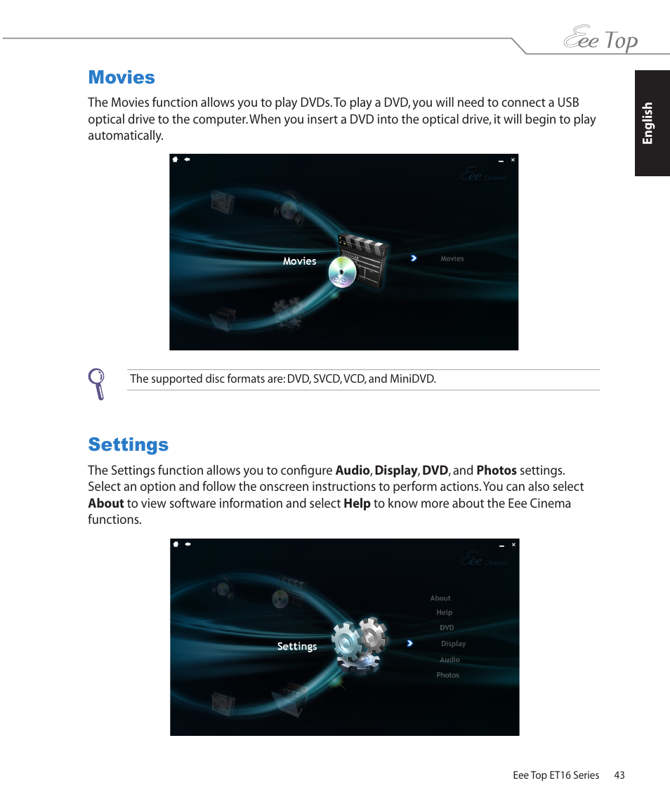 Movies, Settings, Movies settings | Asus ET1602 User Manual | Page 43 / 48