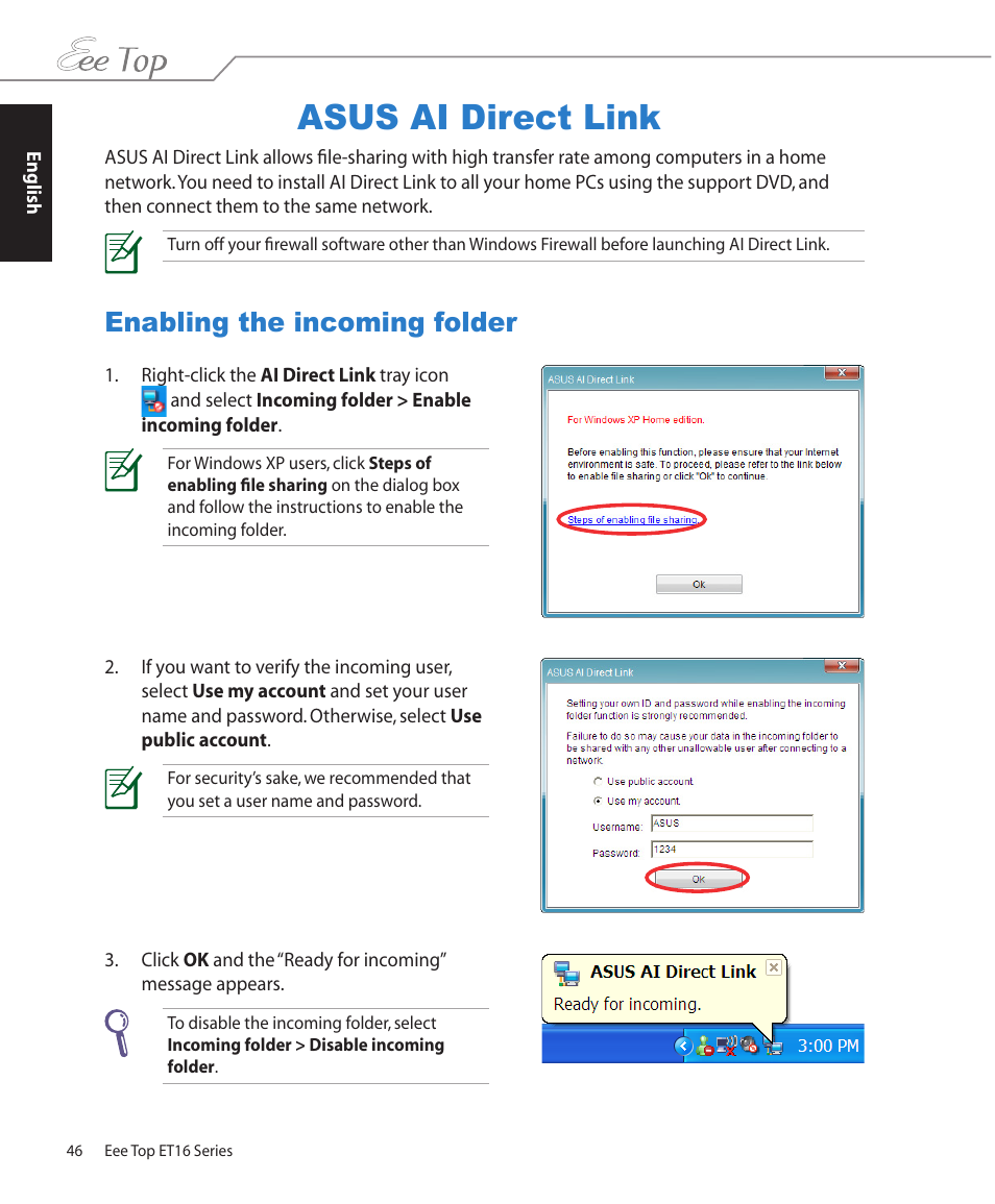 Asus ai direct link, Enabling the incoming folder | Asus ET1602 User Manual | Page 46 / 48