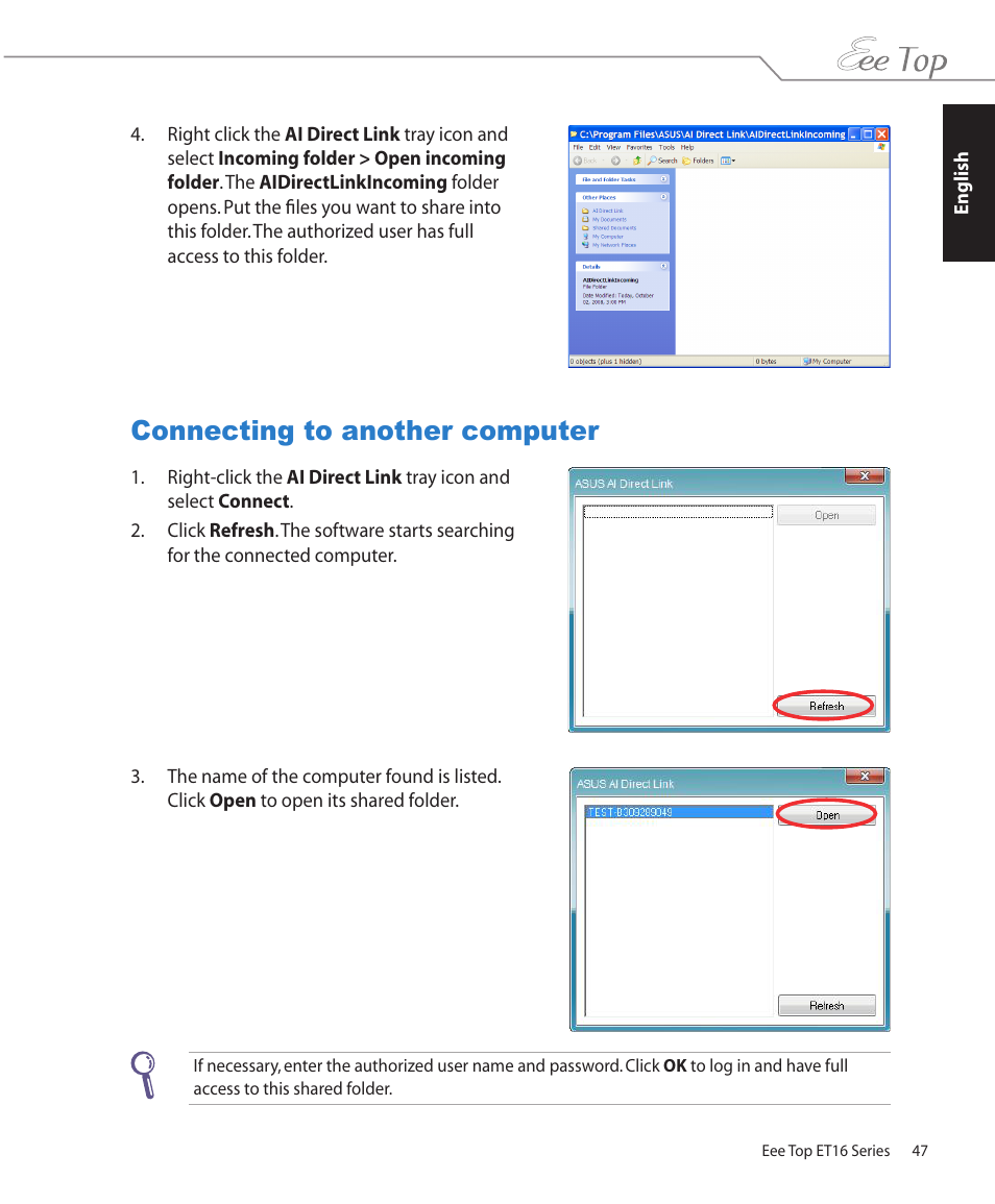 Connecting to another computer | Asus ET1602 User Manual | Page 47 / 48