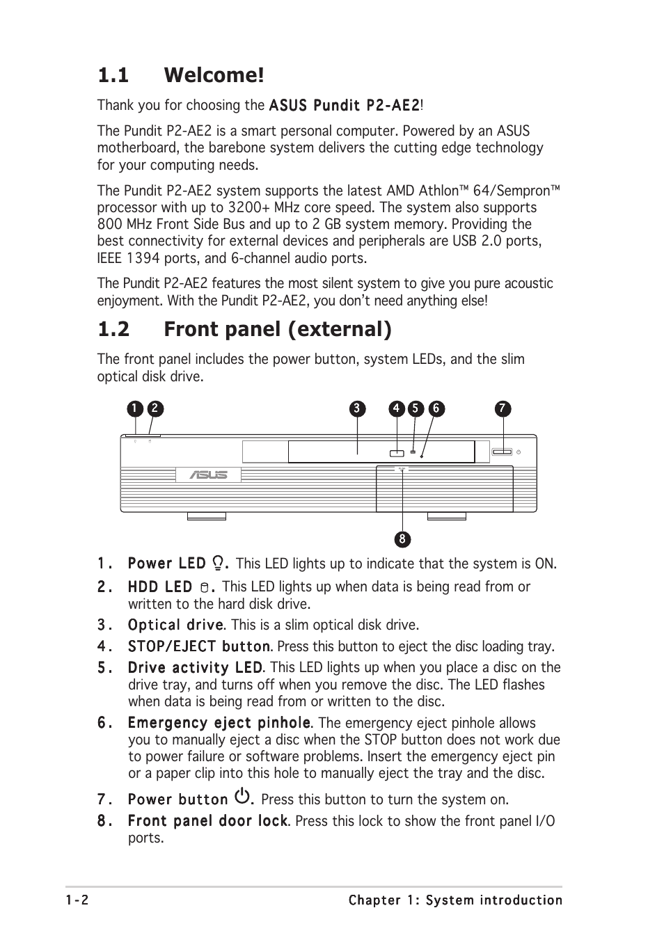 1 welcome, 2 front panel (external) | Asus Pundit P2-AE2 User Manual | Page 12 / 90