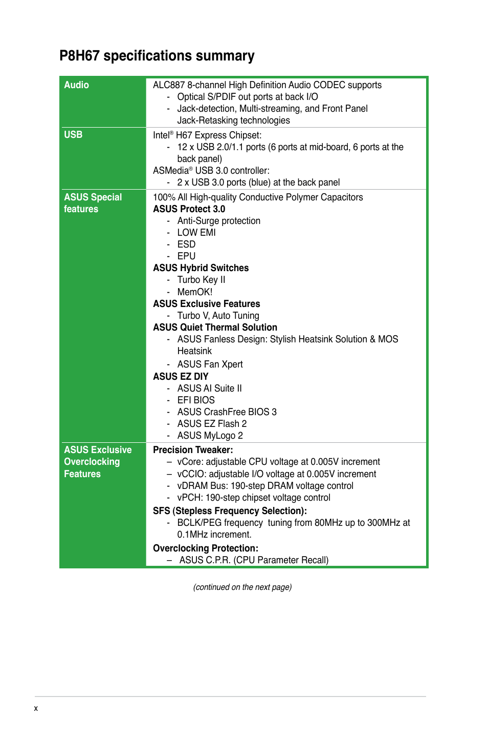 P8h67 specifications summary | Asus P8H67 User Manual | Page 10 / 80