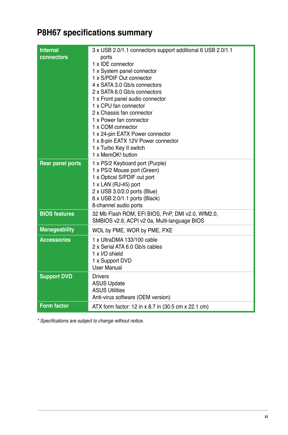 P8h67 specifications summary | Asus P8H67 User Manual | Page 11 / 80