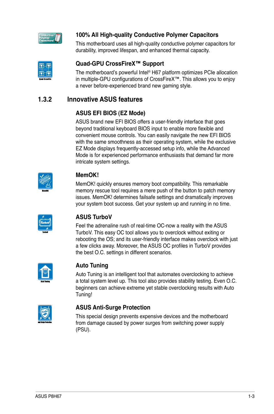 2 innovative asus features, Innovative asus features -3 | Asus P8H67 User Manual | Page 15 / 80