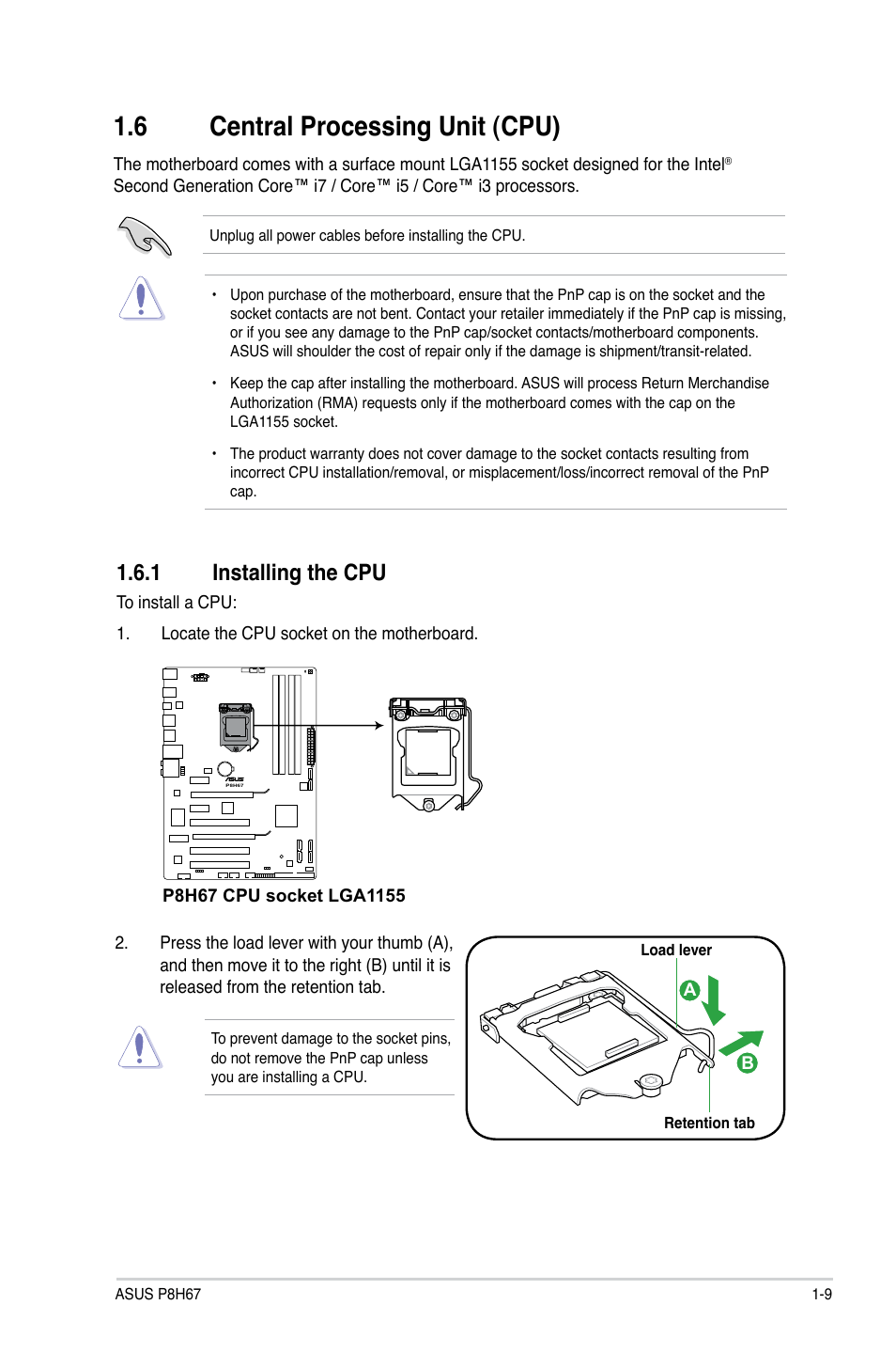 6 central processing unit (cpu), 1 installing the cpu, Central processing unit (cpu) -9 1.6.1 | Installing the cpu -9 | Asus P8H67 User Manual | Page 21 / 80