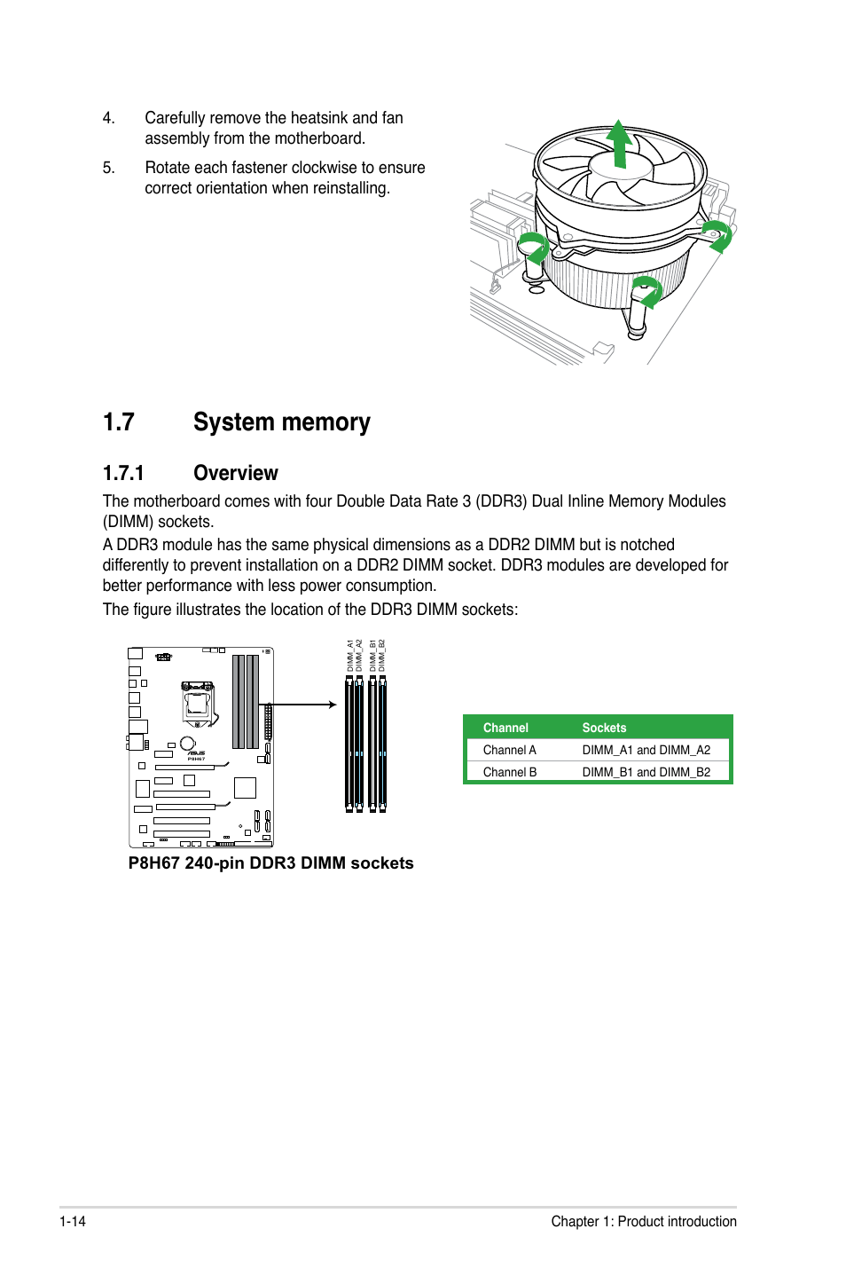 7 system memory, 1 overview, System memory -14 1.7.1 | Overview -14 | Asus P8H67 User Manual | Page 26 / 80