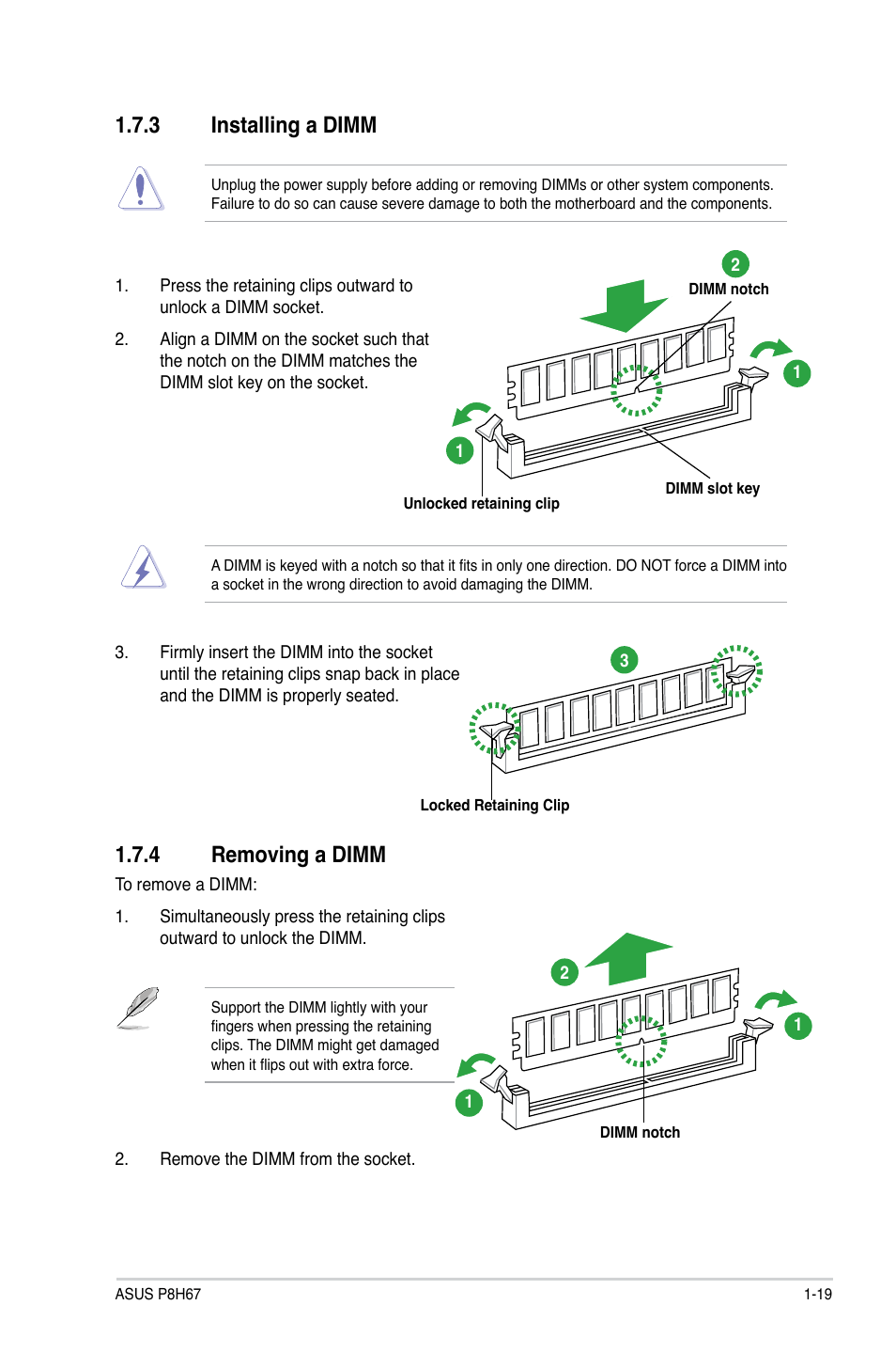 3 installing a dimm, 4 removing a dimm, Installing a dimm -19 | Removing a dimm -19 | Asus P8H67 User Manual | Page 31 / 80