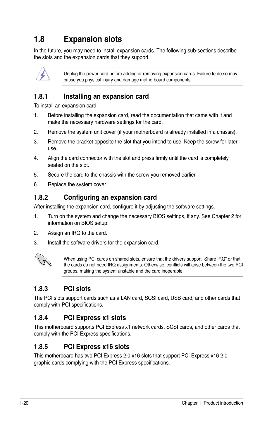 8 expansion slots, 1 installing an expansion card, 2 configuring an expansion card | 3 pci slots, 4 pci express x1 slots, 5 pci express x16 slots, Expansion slots -20 1.8.1, Installing an expansion card -20, Configuring an expansion card -20, Pci slots -20 | Asus P8H67 User Manual | Page 32 / 80