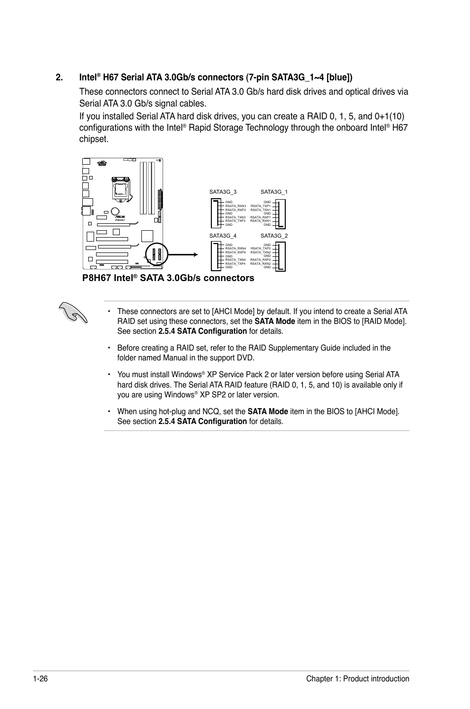 Intel, Rapid storage technology through the onboard intel, H67 chipset | P8h67 intel, Sata 3.0gb/s connectors | Asus P8H67 User Manual | Page 38 / 80