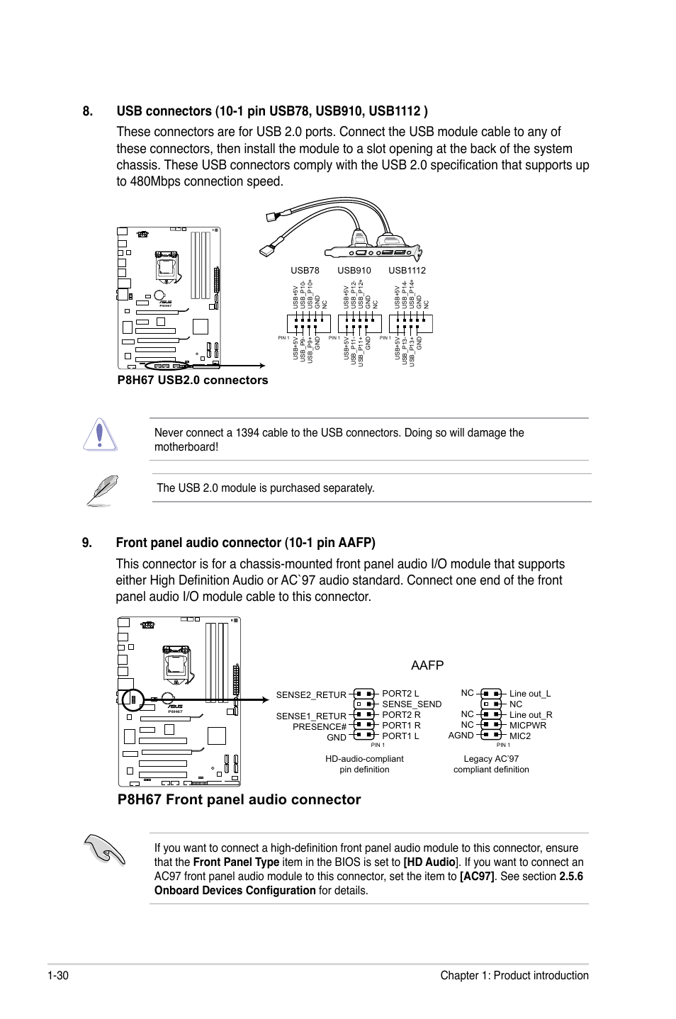 P8h67 front panel audio connector, Aafp, 30 chapter 1: product introduction | Asus P8H67 User Manual | Page 42 / 80