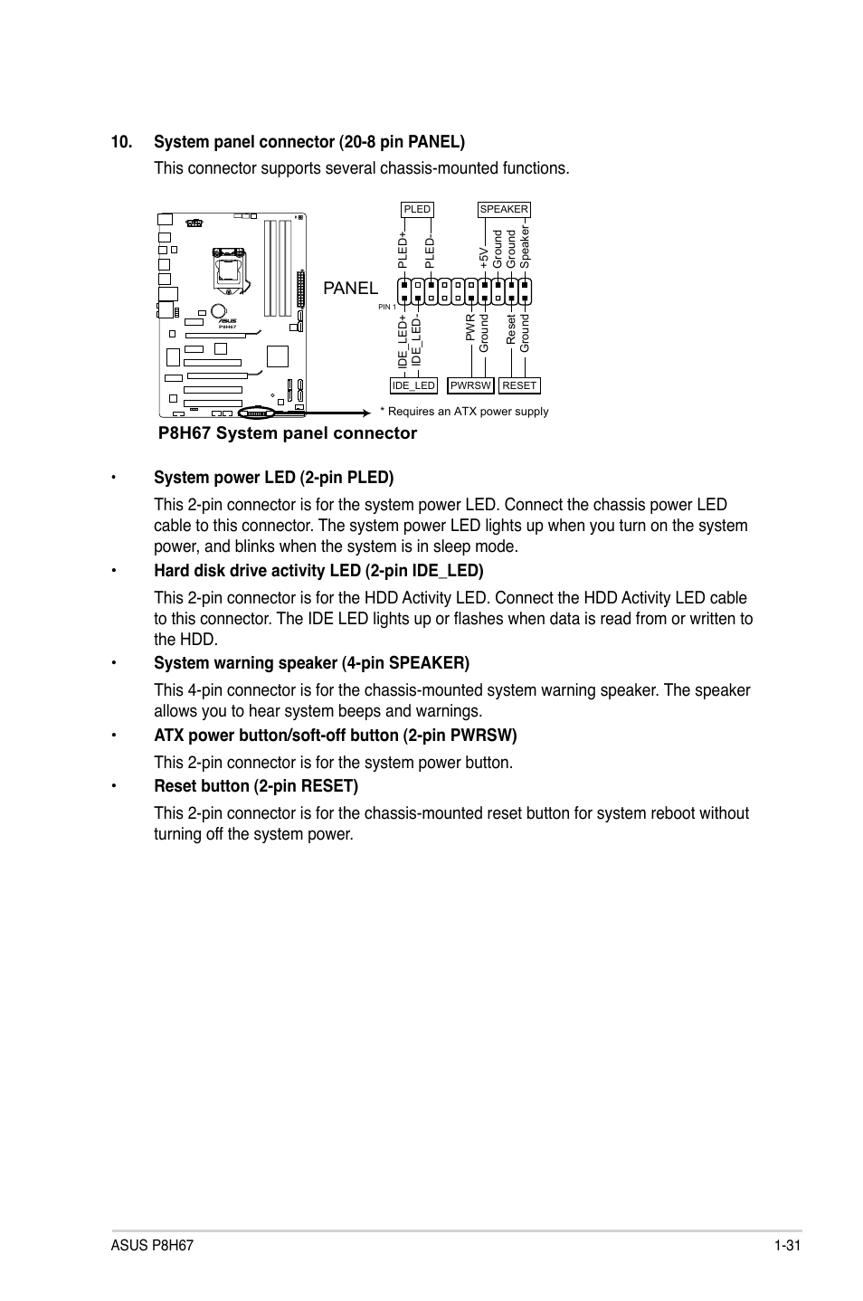 P8h67 system panel connector, Panel | Asus P8H67 User Manual | Page 43 / 80