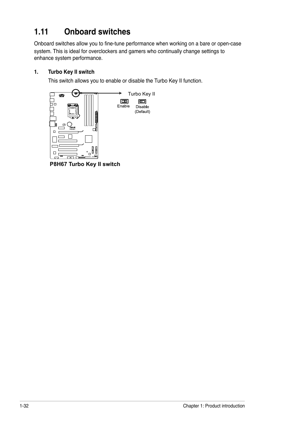 11 onboard switches, Turbo key ii switch, 11 onboard switches -32 | Asus P8H67 User Manual | Page 44 / 80