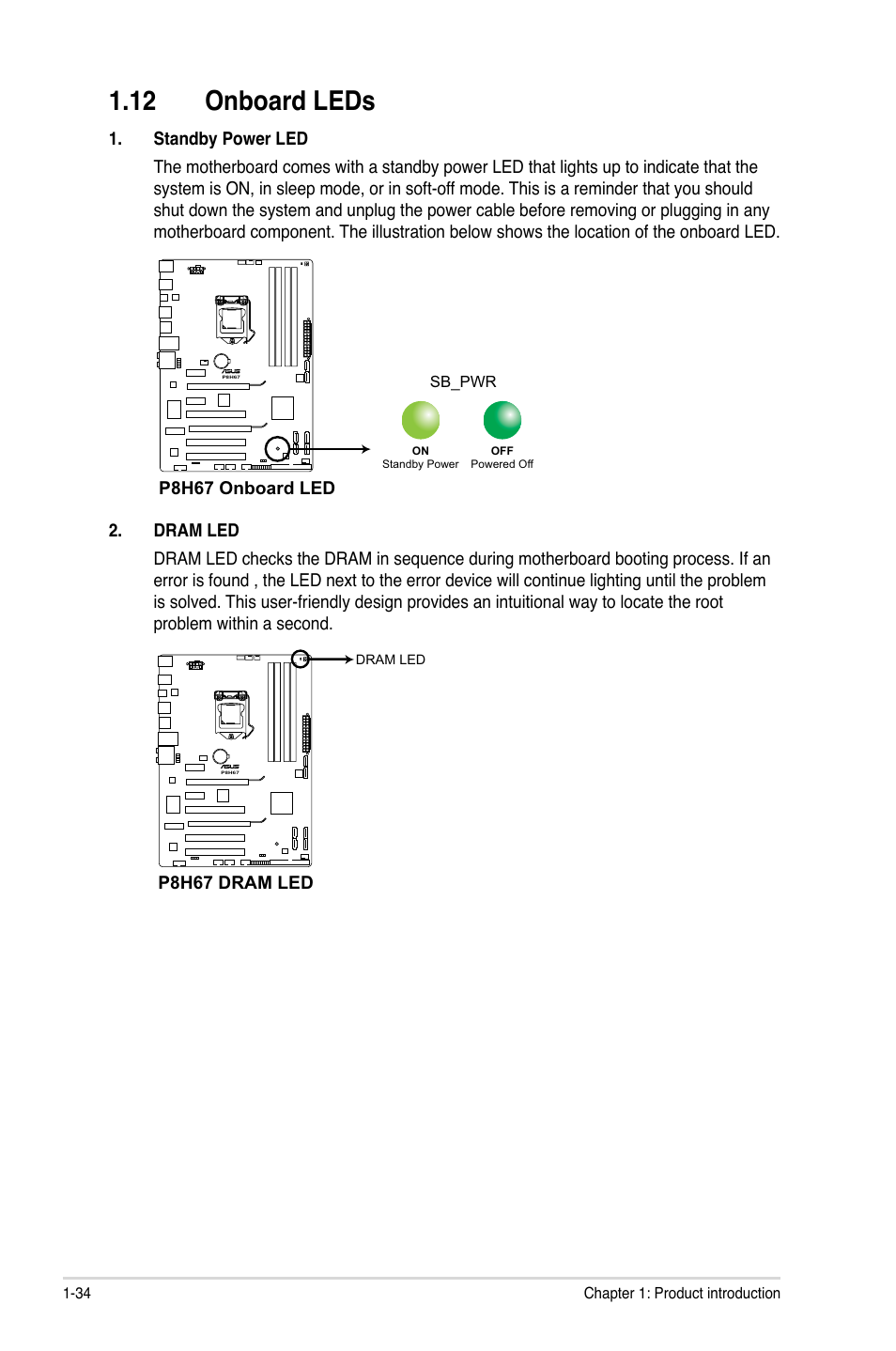 12 onboard leds, Standby power led, Dram led | 12 onboard leds -34, Standby power led 1-34 | Asus P8H67 User Manual | Page 46 / 80