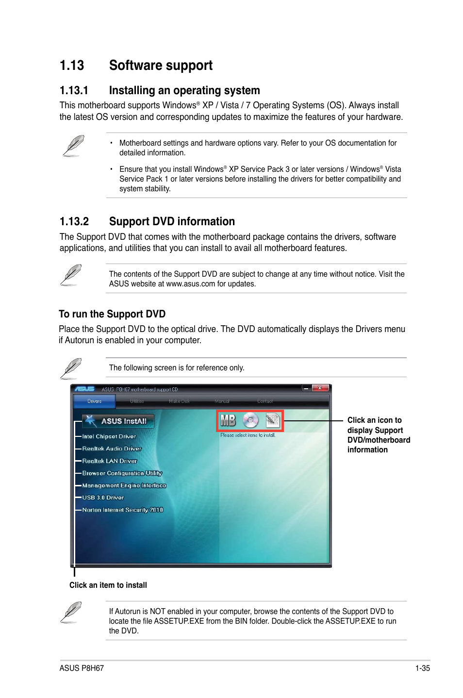 13 software support, 1 installing an operating system, 2 support dvd information | 13 software support -35 | Asus P8H67 User Manual | Page 47 / 80