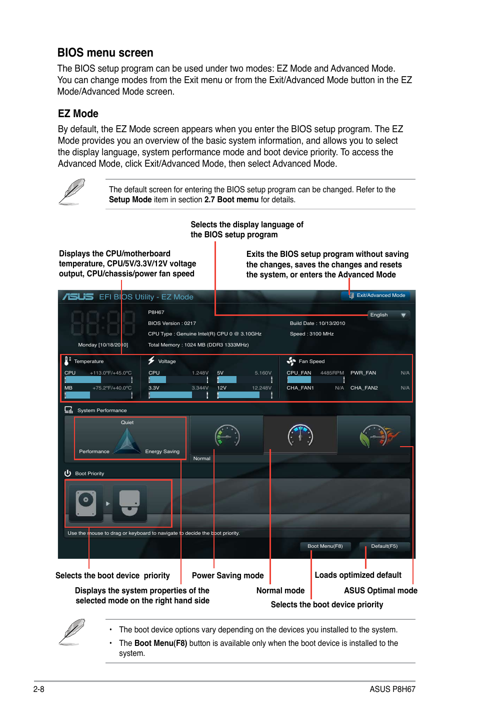 Bios menu screen, Ez mode, 8 asus p8h67 | Asus P8H67 User Manual | Page 56 / 80