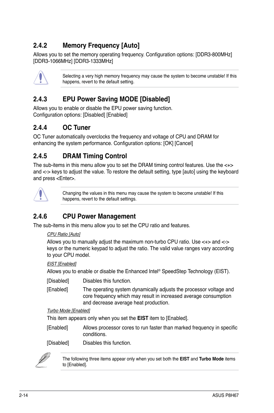 2 memory frequency [auto, 3 epu power saving mode [disabled, 4 oc tuner | 5 dram timing control, 6 cpu power management, Memory frequency -14, Epu power saving mode -14, Oc tuner -14, Dram timing control -14, Cpu power management -14 | Asus P8H67 User Manual | Page 62 / 80