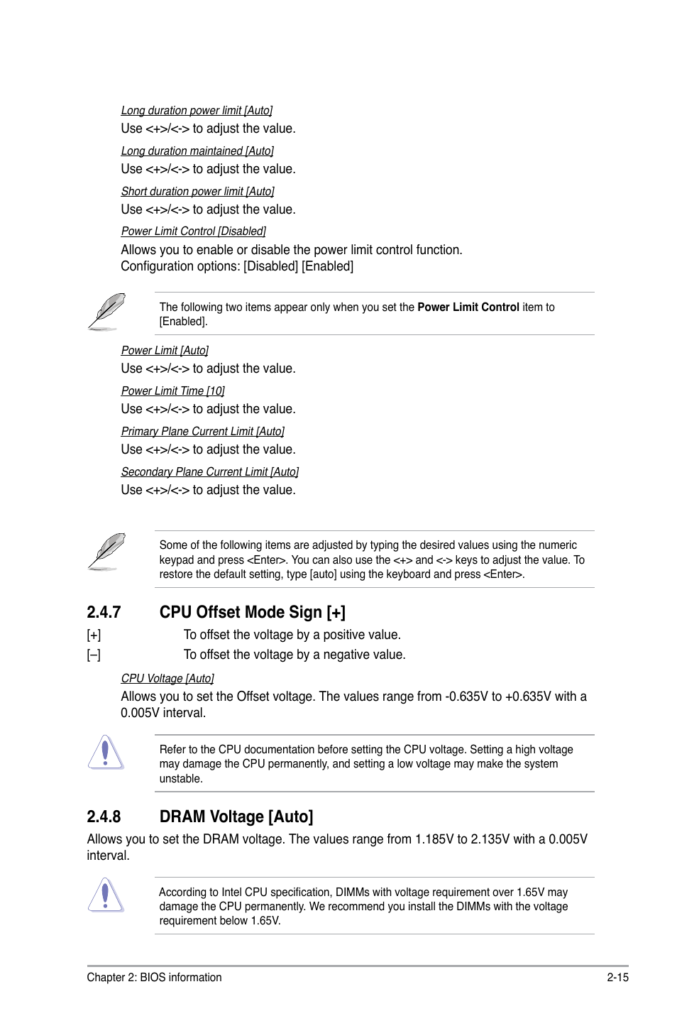 7 cpu offset mode sign, 8 dram voltage [auto, Cpu offset mode sign -15 | Dram voltage -15 | Asus P8H67 User Manual | Page 63 / 80