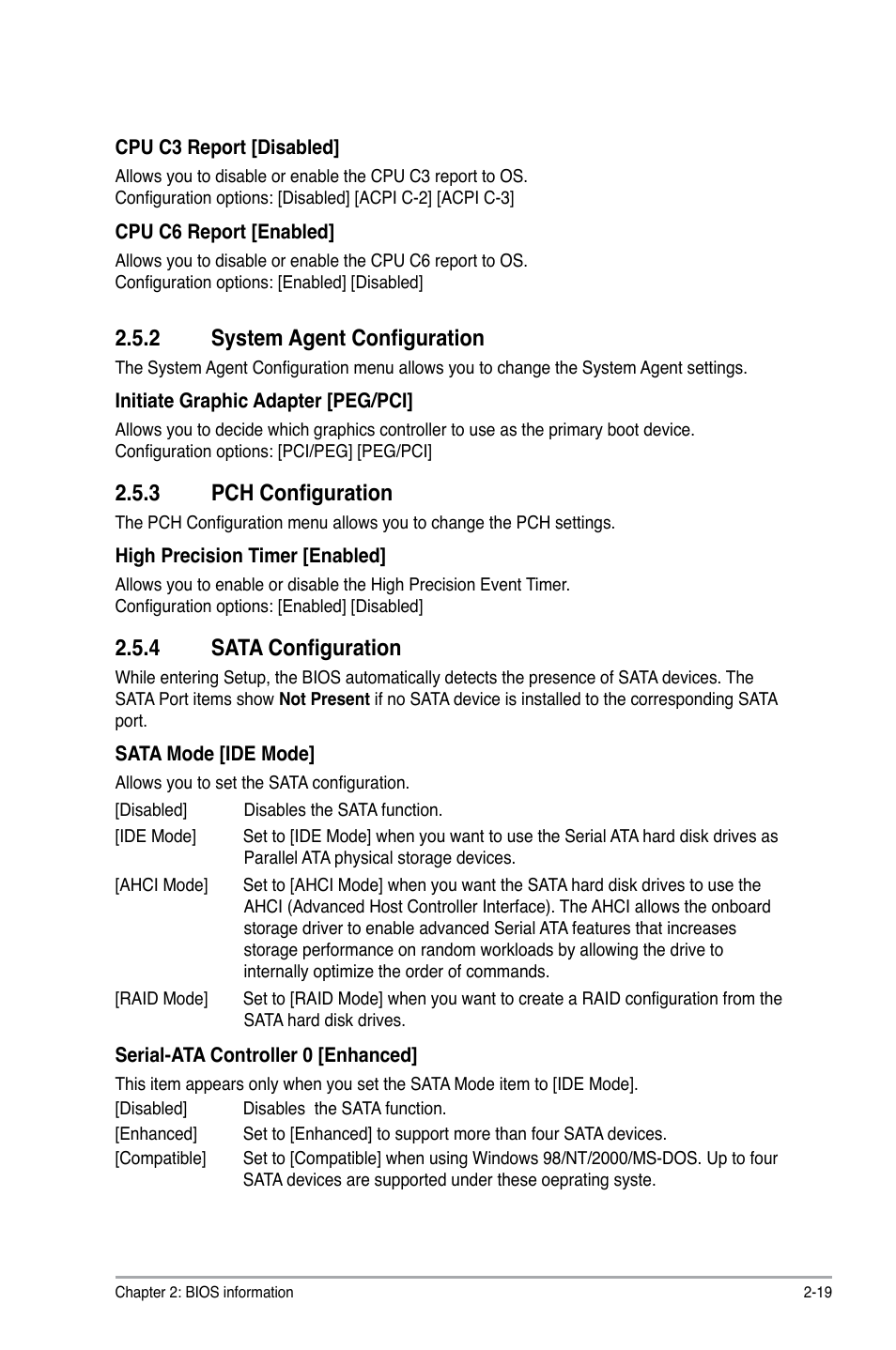 2 system agent configuration, 3 pch configuration, 4 sata configuration | System agent configuration -19, Pch configuration -19, Sata configuration -19 | Asus P8H67 User Manual | Page 67 / 80