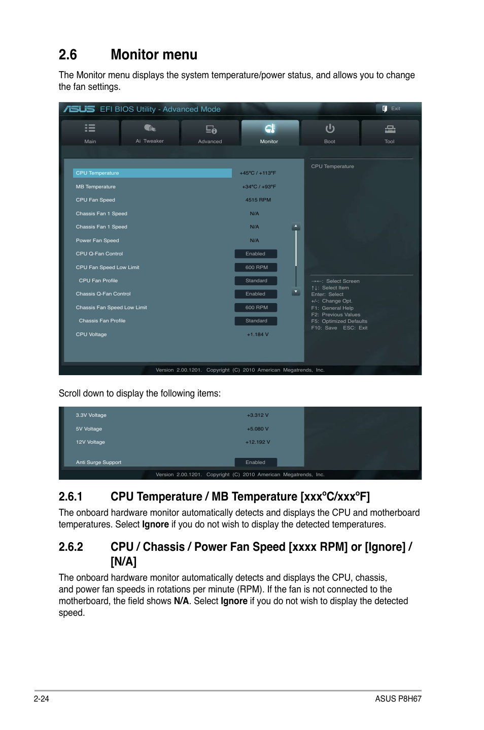 6 monitor menu, 1 cpu temperature / mb temperature [xxxºc/xxxºf, Monitor menu -24 2.6.1 | Cpu temperature / mb temperature -24, Cpu / chassis / power fan speed -24 | Asus P8H67 User Manual | Page 72 / 80