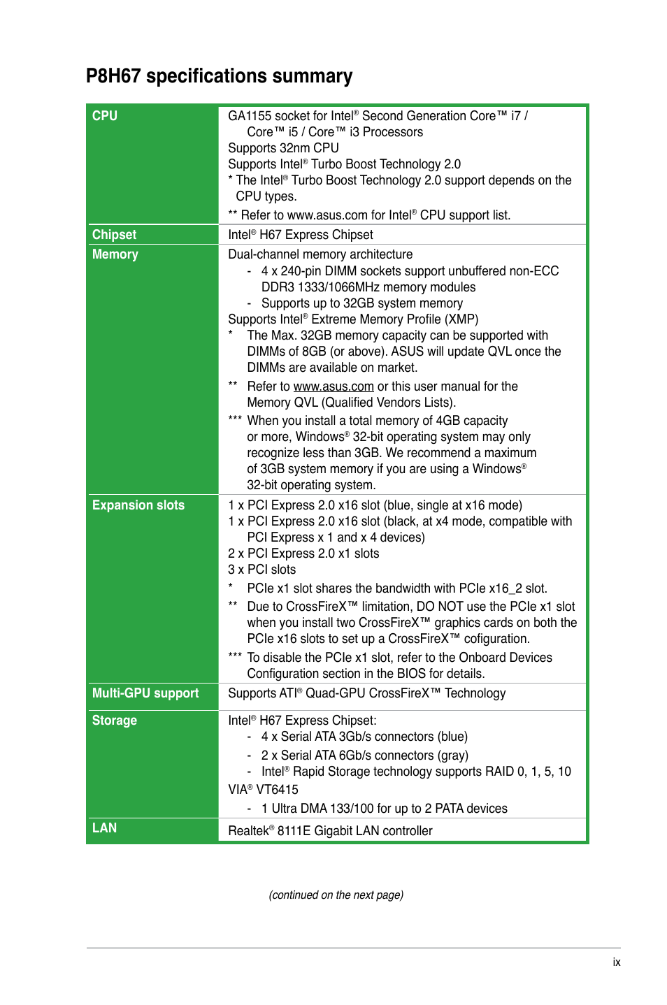 P8h67 specifications summary | Asus P8H67 User Manual | Page 9 / 80