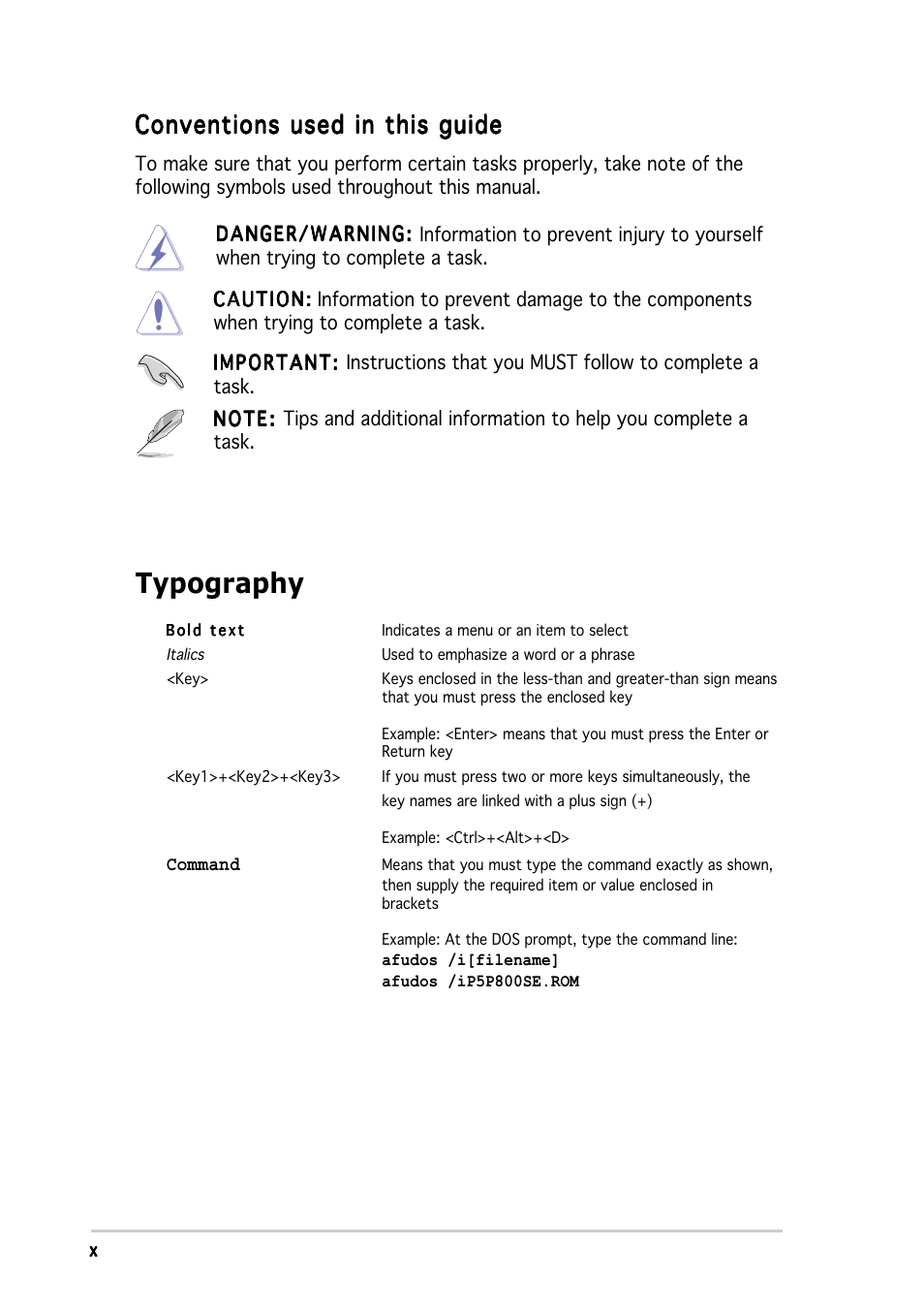 Typography, Conventions used in this guide | Asus P5P800 SE User Manual | Page 10 / 116
