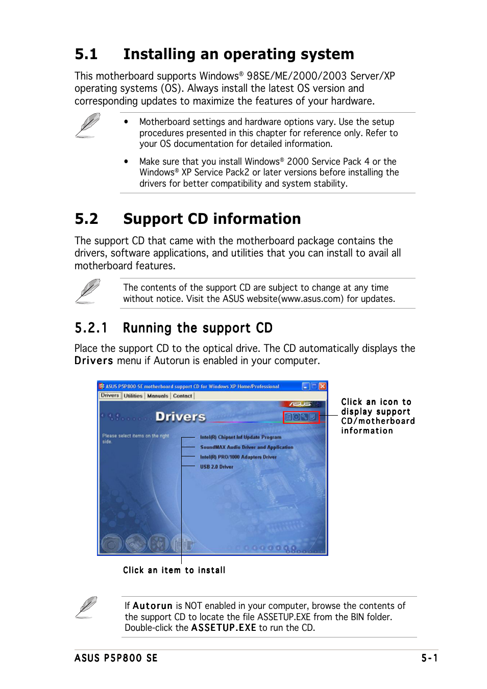 1 installing an operating system, 2 support cd information | Asus P5P800 SE User Manual | Page 103 / 116