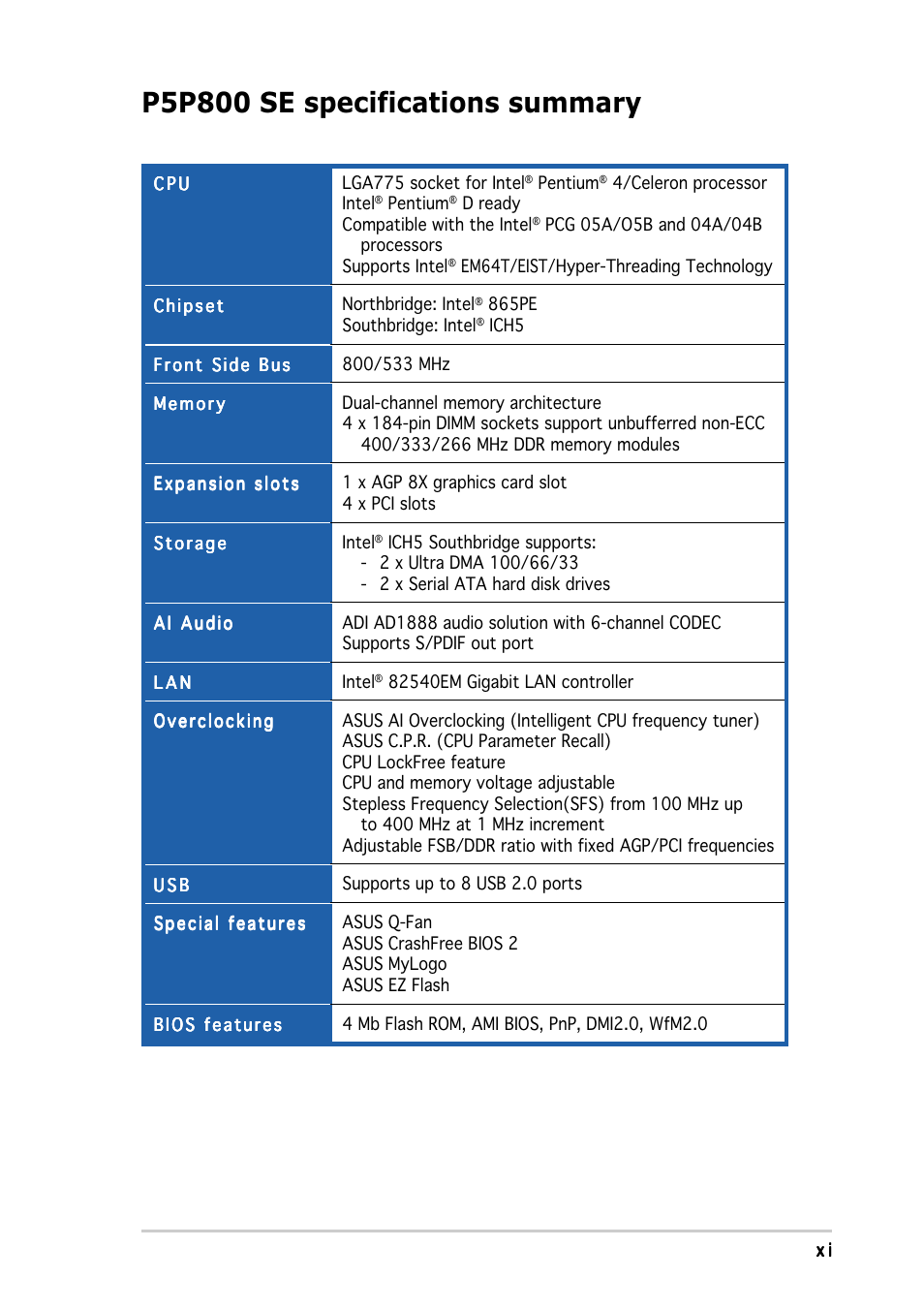 P5p800 se specifications summary | Asus P5P800 SE User Manual | Page 11 / 116