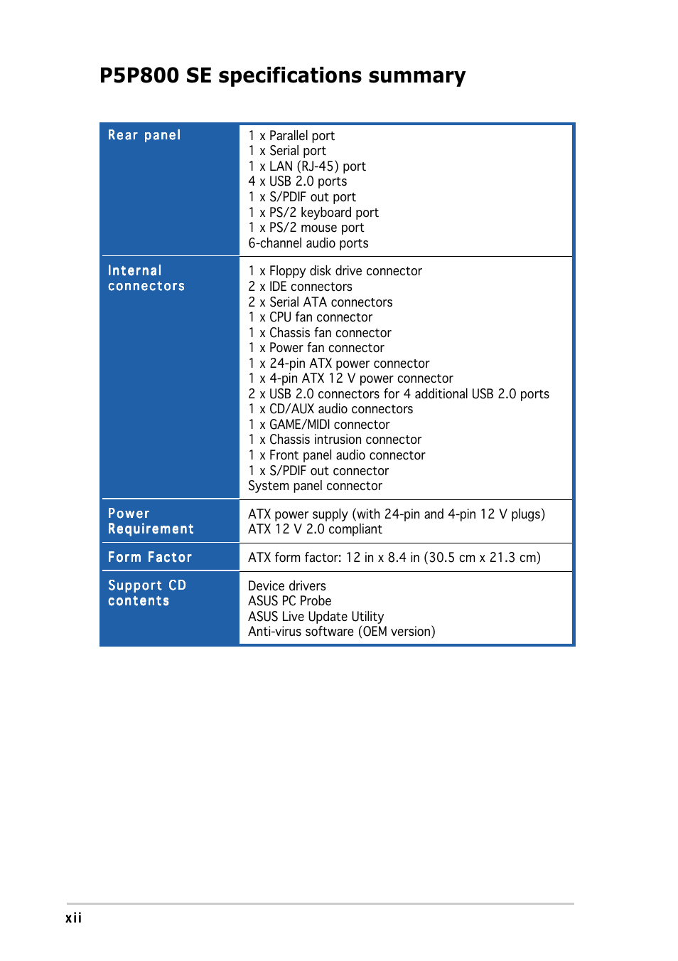 P5p800 se specifications summary | Asus P5P800 SE User Manual | Page 12 / 116